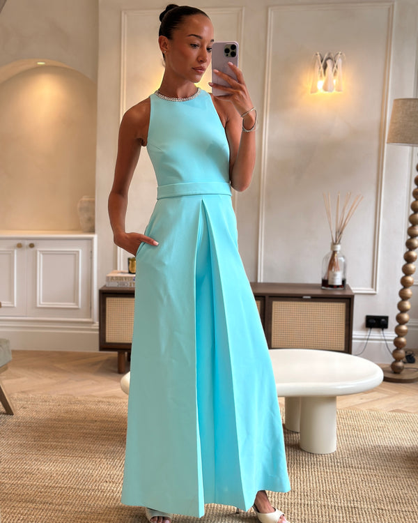 Safiyaa Tiffany Blue Eula Positano Sleeveless Wide Leg Jumpsuit with Sequin Embellished Neckline Detail IT 38 (UK 6)