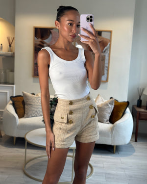 Balmain Printed Beige High Waisted Denim Shorts With Gold Logo Buttons Size FR 34 (UK 6)