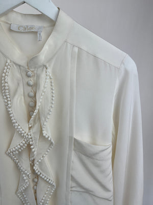 Chloe Cream Button Down Pocketed Long Sleeve Collarless Shirt with Ruffle Detail FR 36 (UK 8)