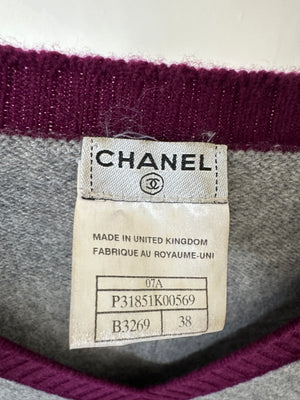 Chanel 07/A Grey and Purple Cashmere Jumper with Embroidered and Beaded Logo Patch Detail FR 38 (UK 10)