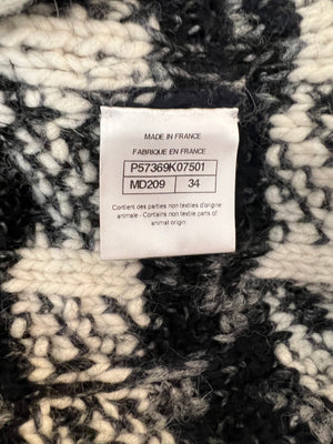 Chanel Grey and White Wool Long Knitted Coat with CC Belt and "Gabrielle Coco" Embroidery with Logo Buttons Size FR 34 (UK 6)