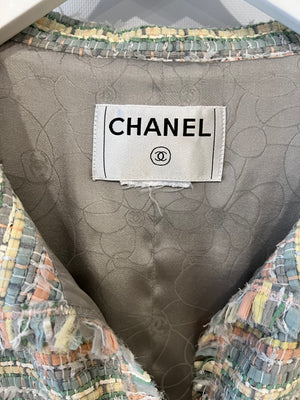 Chanel Vintage Pastel Blue and Multicolour Tweed Jacket with Gold Transparent CC Logo Buttons Size FR 40 (UK 12)