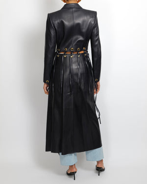 Alexander McQueen Navy Leather Fringed Trench Coat with Gold Eyelets Details Size IT 38 (UK 6)