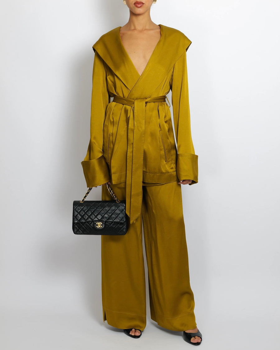 Saint Laurent Olive Green Silk Belted Jacket and Trouser Set with Hood Size FR 36/38 (UK 8/10)