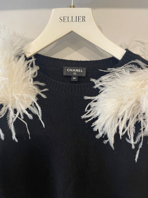 Chanel A/W 2023 Black Cashmere Jumper with White Ostrich Feathers Size FR 36 (UK 8)