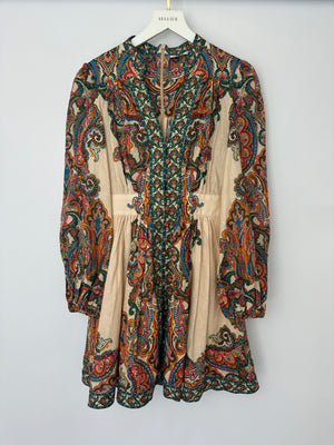 Zimmermann Beige & Multicolour Paisley Print Short Dress with Long Sleeve Size 1 (UK 10)