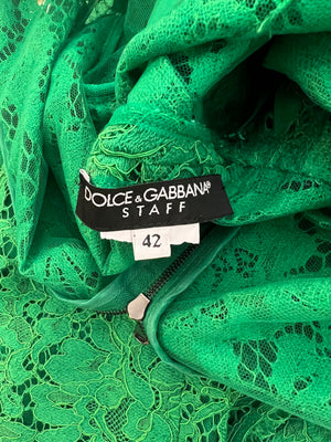 Dolce & Gabbana Apple Green Lace Midi Dress with Black Floral Collar and Waist Detail Size IT 42 (UK 10)
