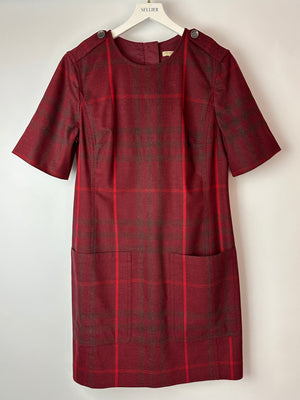 Burberry Brit Burgundy Plaid Mini T-Shirt Dress With Pocket Detail Size UK 14