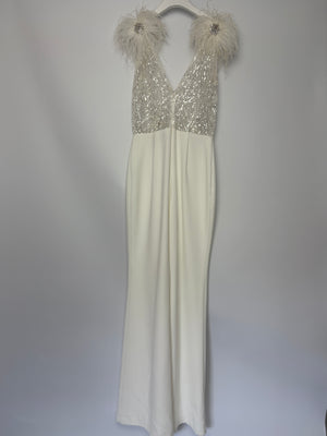 Nadine Merabi White Sequin and Feather Embellished Sleeveless Jumpsuit Size UK 8