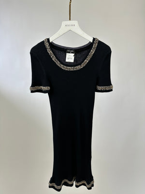 Chanel Black Short Sleeve Mini Dress with Champagne Gold Chain Trim Detail Size FR 36 (UK 8)