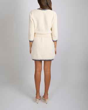 Chanel Spring 2019 Cream Fantasy Tweed Cardigan with Navy Trim Details and 31 Cambon Buttons Size FR 38 (UK 10)
