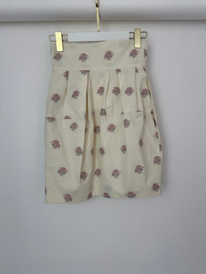 Christian Dior Cream and Pink Floral Print High-Waisted Mini Skirt with Pleated Detail Size FR 34 (UK 6)