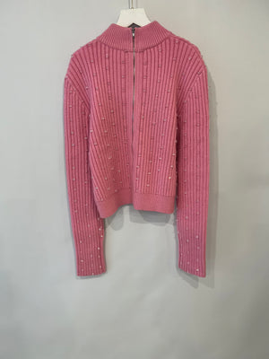 David Koma Pink Ribbed Knit Jumper with Transparent Bead Details Size L (UK 12) RRP £552