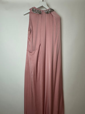 Alexander McQueen Pink Cape-Shoulder Satin Gown with Crystal Neckline & Belt Detail Size IT 42 (UK 10)