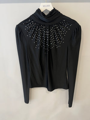 Paco Rabanne Black Crystal Embellished Long Sleeved Top with Rouched Neck Detail Size FR 38 (UK 10) RRP £500