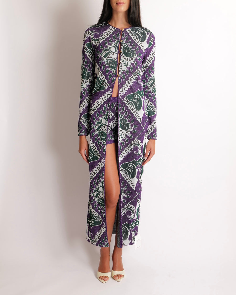 Valentino Purple, Green, and White Shimmery Long Cardigan and Shorts Set with Leaves and Logo Prints Size M (UK 10) RRP £3,650