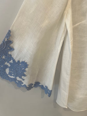 Zimmermann White Linen Raie Top with Light Blue Embroidered Lace Detail Size 2 (UK 12)