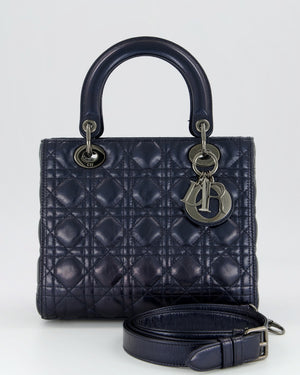 Christian Dior Medium Lady Dior Bag in Metallic Deep Blue Crinkled Lambskin Leather with Ruthenium Hardware