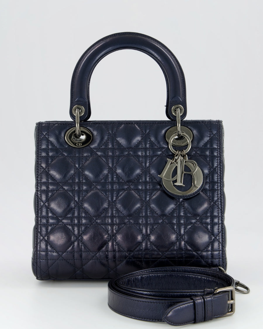 Christian Dior Medium Lady Dior Bag in Metallic Deep Blue Crinkled Lambskin Leather with Ruthenium Hardware