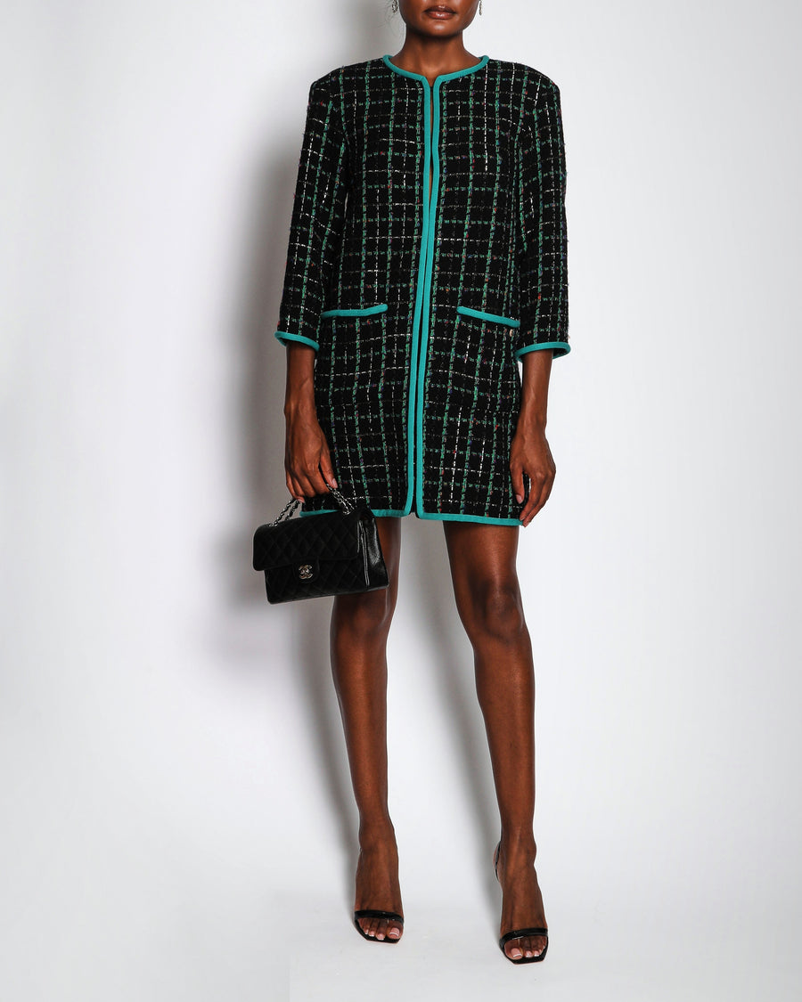 Chanel 17/S Black Collarless Tweed Mid-Length Jacket with Green Piping Detail Size FR 38 (UK 10)