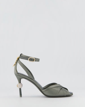 Chanel Olive Green Satin Heeled Sandal with Champagne Gold Crystal Bow & Ball Detail Size EU 36.5