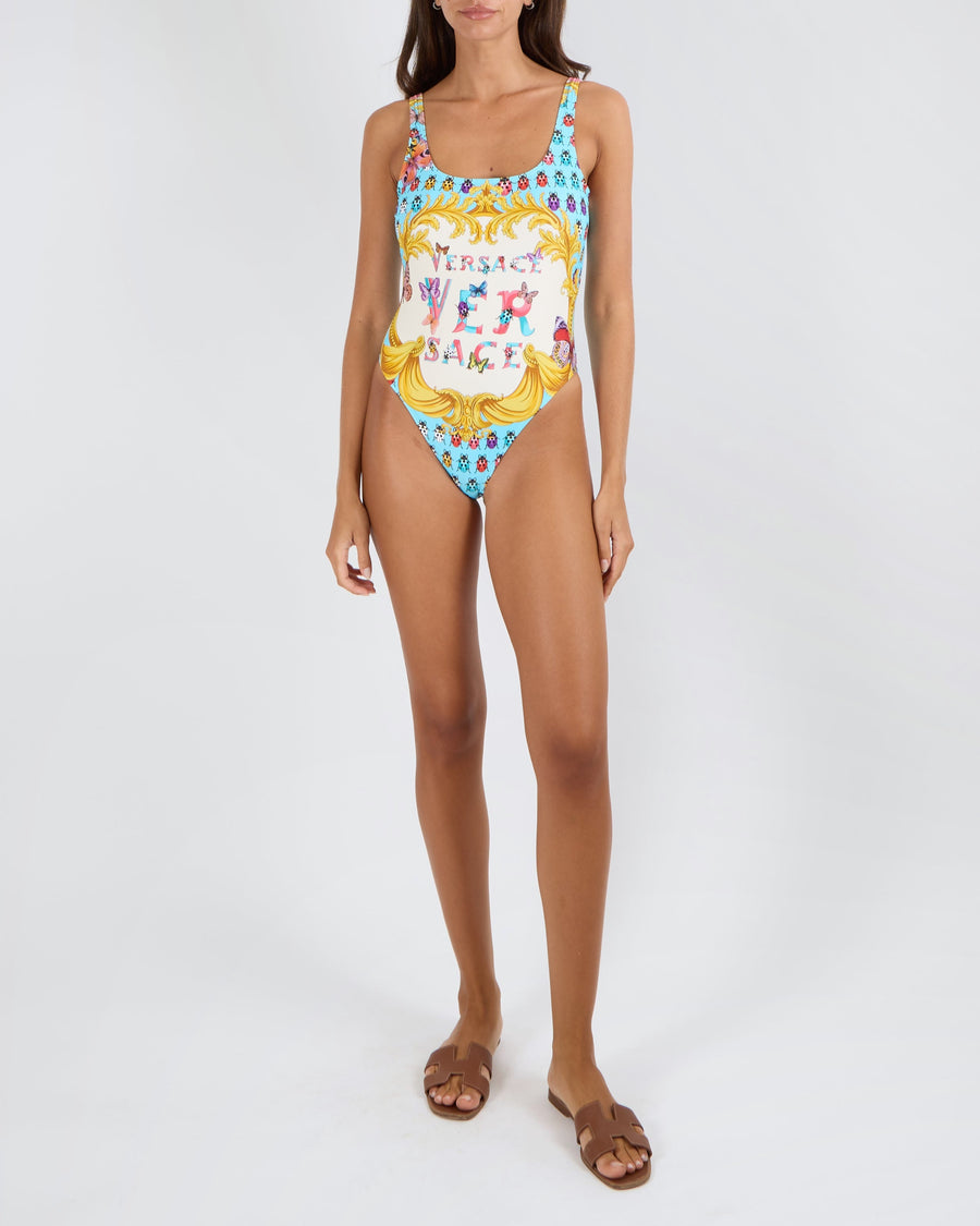 Versace La Vacanza Light Blue La Vacanza One-Piece Swimsuit with Multi-Colour Ladybug and Butterfly Prints with Front Logo Size 2 (UK 8) RRP £495