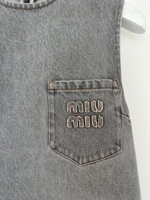 Miu Miu Grey Denim Sleeveless Shift Dress with Pocket and Logo Detail Size IT 36 (UK 4)