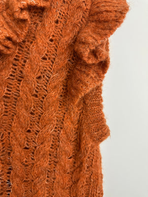 Miu Miu Burnt Orange Oversized Cable Knit Long Line Sleeveless Jumper with V-Neck and Ruffle Detial Size IT 36 (UK 4)