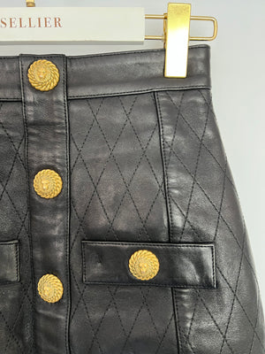 Balmain Black Quilted Lambskin Mini Skirt with Gold Buttons Detail Size FR 36 (UK 8) RRP £2,090