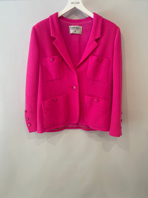 Chanel Hot Pink Spring 1995 Barbie Collection Tweed Jacket with Gold CC Logo Buttons Size FR 38/40( UK 10/12)