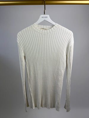 Celine Cream Ribbed Long Sleeve Jumper with Contrast Stitch Detail Size S (UK 8-10)