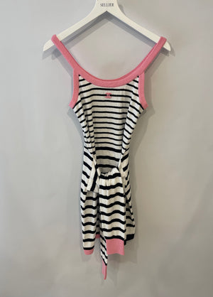 Chanel 24S Black & White Striped Towel Sailor Dress with Pink Trim, CC Logo & Tie Detail Size FR 36 (UK 8)