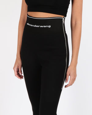Alexander Wang Black High Waisted Trousers with Logo Waistband and Silver Side Zippers Size US 4 (UK 8) RRP £500