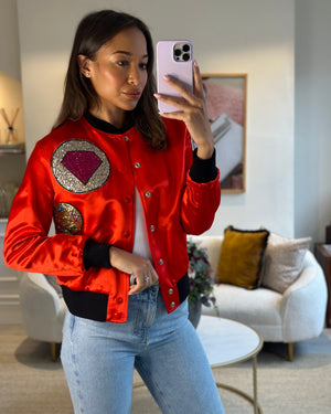 Saint Laurent Red and Black Silk Bomber Jacket with Glitter Patches Size FR 36 (UK 8)