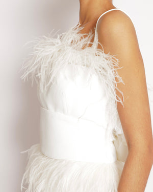 Elie Saab White Long Gown with Asymmetric Straps and Ostrich Feather Trims Size FR 40 (UK 12)