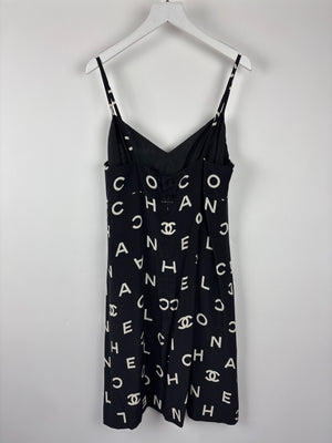 Chanel Vintage Runway 97S Black, White CC Logo Slip Dress and Jacket Set with CC Chanel Button Size FR 42 (UK 14)