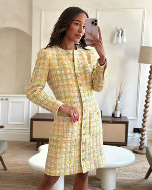 *HOT* Chanel SS96 Vintage Multicolour Pastel Tweed Dress Coat with Silver CC Button Detail FR 36/38 (UK 8/10)