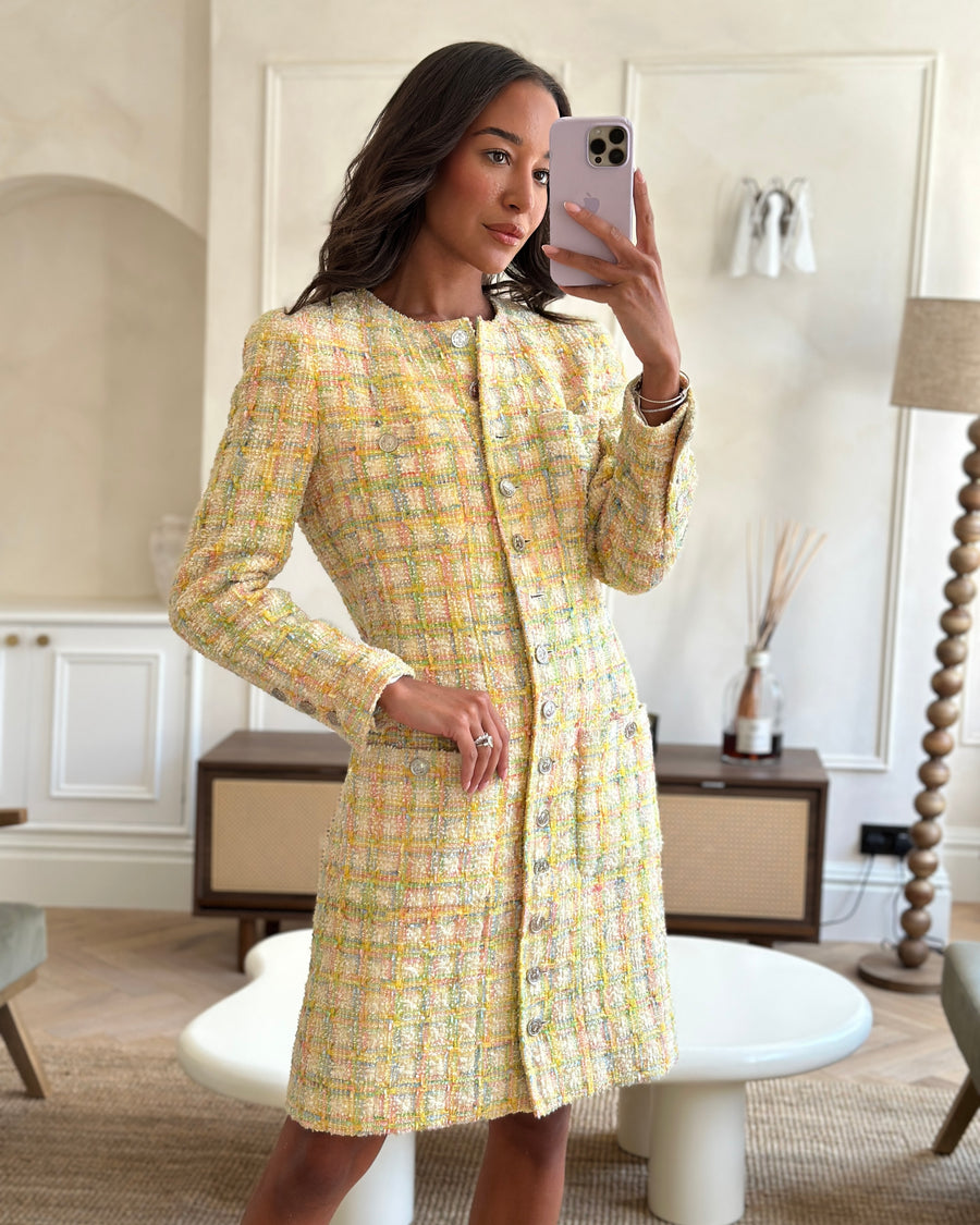 *HOT* Chanel SS96 Vintage Multicolour Pastel Tweed Dress Coat with Silver CC Button Detail FR 36/38 (UK 8/10)