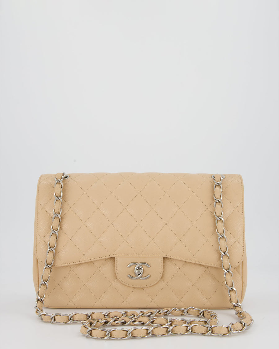 Chanel Beige Jumbo Classic Double Flap Bag in Caviar Leather with Silver Hardware