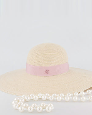 Maison Michel Beige Raffia Hat with Silk Logo Detail and Detachable Pearl String Size M