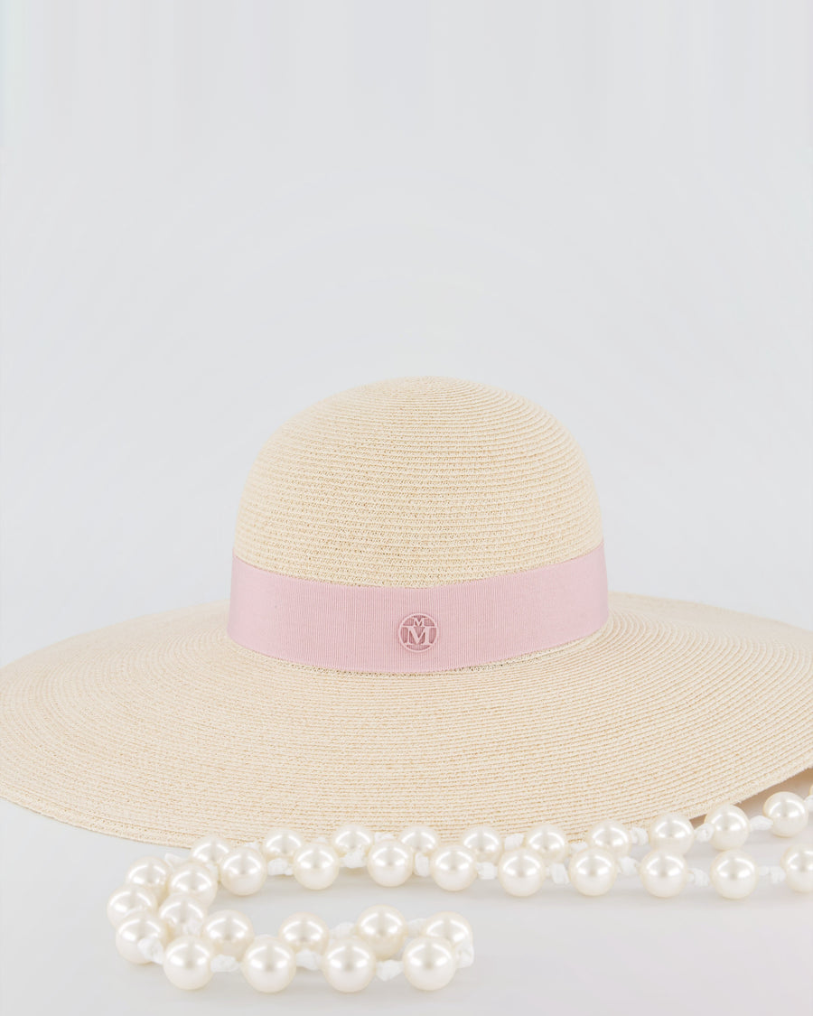 Maison Michel Beige Raffia Hat with Silk Logo Detail and Detachable Pearl String Size M