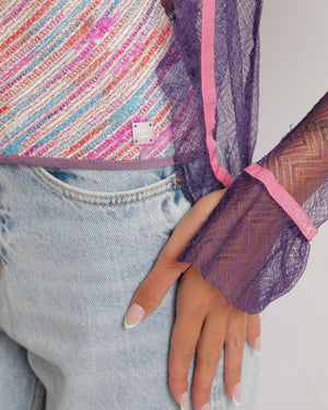 Chanel Vintage 03C Purple Lace Gilet and Multi-Colour Top Set with Pink Trims and See-Through Back Detail Size FR 38 (UK 10)