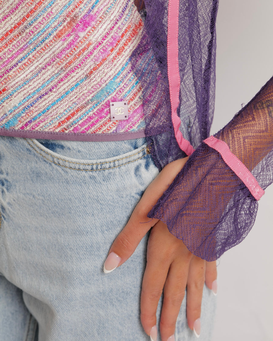 Chanel Vintage 03C Purple Lace Gilet and Multi-Colour Top Set with Pink Trims and See-Through Back Detail Size FR 38 (UK 10)