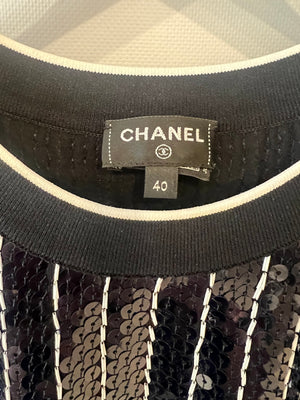 Chanel SS23 Navy and White Striped Sequins T-Shirt with CC Logo Size FR 40 (UK 12)
