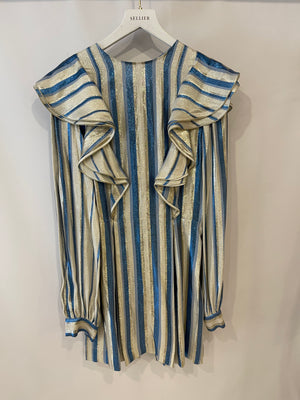 Alberta Ferretti Metallic Blue and Silver Striped Silk Dress Size IT 42 (UK 10)