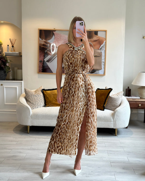 Christian Dior Brown Leopard Silk Maxi Belted Dress with Crystal Embellishment Size FR 38 (UK 10)