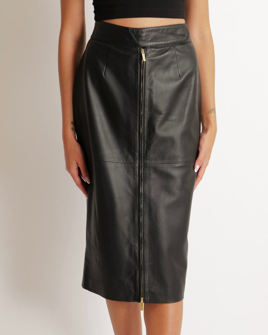 Zuhair Murad Black Lambskin Leather Midi Pencil Skirt with Gold Zipper Detail Size FR 38 (UK 10)