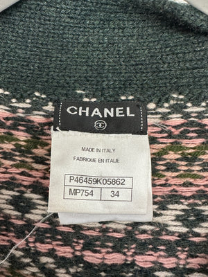 Chanel Green Metiers D'Art Paris-Edinburgh Long-Line Cardigan with Lion Button Detail Size FR 34 (UK 6)