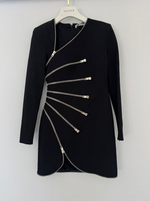 Alexander Wang Black Long-Sleeve Mini Dress with Silver Zip Detail Size US 0 (UK 4)