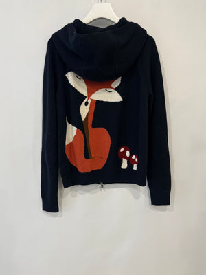 Loro Piana Navy Baby Cashmere Ribbed Long-Sleeved Hooded Gilet with Mushrooms and Fox Print Size IT 40 (UK 8)